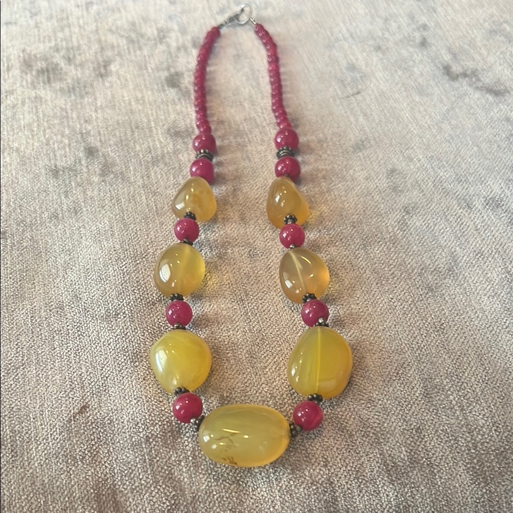 Vibrant Chalcedony Yellow snd strawberry quartz/cherry stone necklace